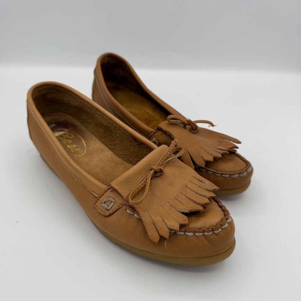Vintage Bass Loafers Womens 5.5 Tan Leather Fringe Bow Wedge Moccasins Preppy